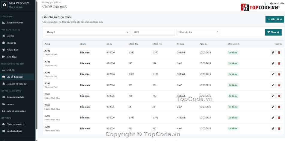 Website quản lý,quản lý trọ,code quản lý nhà trọ